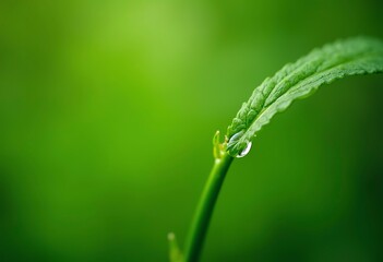 A close-up of a green plant stem with a water droplet on the tip, against a blurred green background