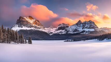 Stunning snowy mountain landscape during sunset with vibrant clouds and pine trees