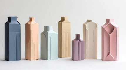 A selection of folding cartons in unique shapes and colors, set against a pure white backdrop, illustrating their adaptability for different products.