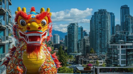 Fototapeta premium A vibrant Chinese dragon statue against a modern cityscape.