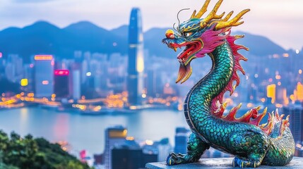 Fototapeta premium A vibrant Chinese dragon statue against a modern cityscape.