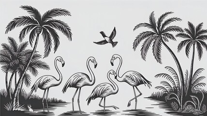 Naklejka premium Flamingo seamless pattern on a background of tropical leaves. Popular background