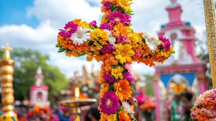 Obraz premium A vibrant, colorful cross made from flowers in the middle of a festival celebration.