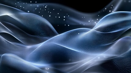 Obraz premium An abstract digital background with a gradient hologram and dynamic waves of particles in blue and silver, simulating energy flow