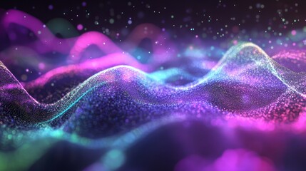 Fototapeta premium An abstract digital background with moving holographic waves of particles in purple, blue, and green, simulating energy flow