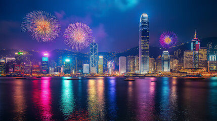 Fototapeta premium A city skyline illuminated by fireworks, with shimmering reflections on glass skyscrapers and festive lights twinkling throughout the urban landscape. 