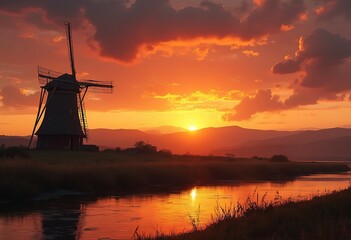 A windmill silhouetted against a colorful sunset sky with rolling hills in the background