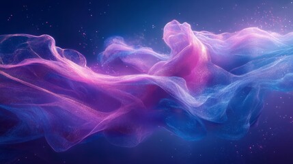 An abstract digital hologram with swirling particle waves in soft pink, violet, and turquoise hues