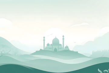 Obraz premium Mosque. Hand drawn watercolor mosques pattern background illustration. Vector colorful painted artistic decorative design. Muslim. Islamic. Emerald green and gold colors. On white background.