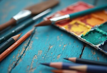 Fototapeta premium Colorful art supplies including paintbrushes, colored pencils, and a watercolor palette on a plain background