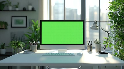 Fototapeta premium Bright workspace with green screen monitor. Productive Home office aesthetic ,Modern home office setup with green screen monitor, ambient lighting, and cozy desk decor for a stylish workspace