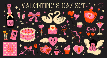 Saint Valentine's Day vector sticker elements set. Collection of cute groovy funky cartoon illustration of different romantic objects bow, cupid, love potion, heart, 14 February design concept, banner © WeirdyTales