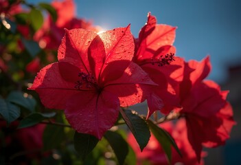 Vibrant red bougainvillea flowers blooming on a plant with green leaves against a clear blue sky