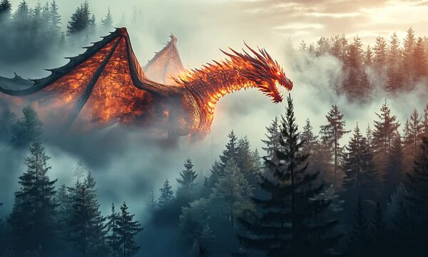 Epic Fantasy Scene of a Fire-Breathing Dragon Roaming Among Misty Forests at Dusk