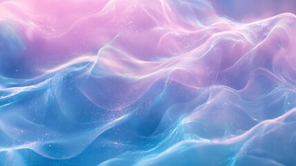 Obraz premium An abstract holographic gradient with flowing particle waves in shades of blue and pink, creating a calm digital wallpaper