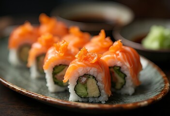 A plate of sushi rolls with orange roe on top, served with a small bowl of green wasabi paste and a spoon of soy sauce