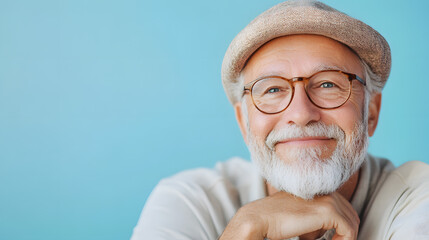 Portrait of a smiling elderly man on a solid color minimal background. The essence of happy aging, senior vitality, and graceful aging with space for text. Ideal for wellness and positivity themes.