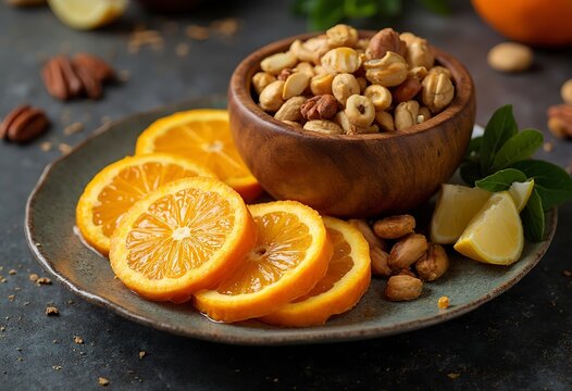 A plate of orange slices with a drizzle of honey, accompanied by a small bowl of nuts and a lemon wedge on a dark background