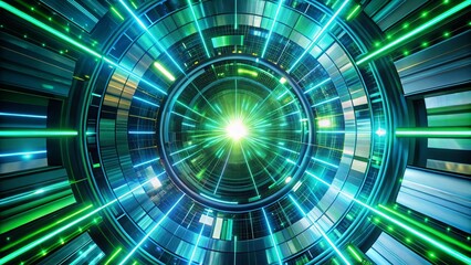 Abstract Architectural Photography of a Radial Zoom Effect with Green and Blue Neon Glowing Rays in Motion for Technology and Communication Backgrounds