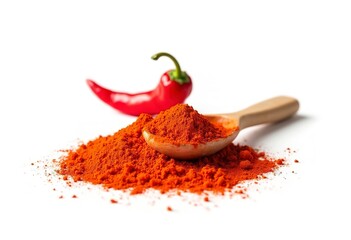 Red chili pepper, pile of ground paprika powder, and a wooden spoon on a white background