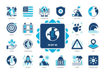 30 by 30 icon set. Conservation, Ecology, Nature, Cooperation, Target, Initiative, Climate Change, Government. Duotone color solid icons