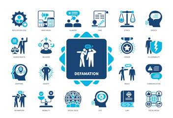 Defamation icon set. Human Rights, Slander, Fake, Insult, Social Issue, Ethics, Communication, Reputation. Duotone color solid icons