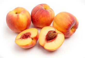 Several ripe peaches on a white background