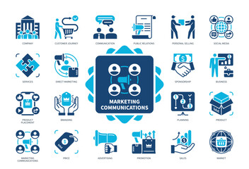 Marketing Communications icon set. Customer Journey, Branding, Price, Promotion, Sponsorship, Market, Sales, Company. Duotone color solid icons