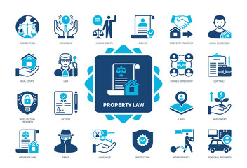 Property Law icon set. Jurisdiction, Leasehold, Real Estate, Ownership, Contract, Fraud, Personal Property, Law. Duotone color solid icons