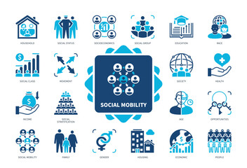 Social Mobility icon set. Socioeconomics, Household, Housing, Family, Age, Gender, Race, Movement. Duotone color solid icons