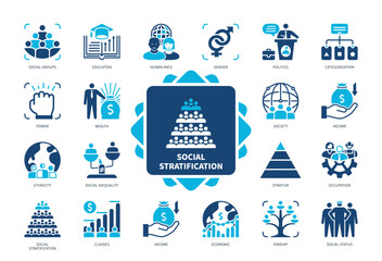 Social Stratification icon set. Gender, Human Race, Wealth, Classes, Income, Kinship, Social Inequality, Stratum. Duotone color solid icons