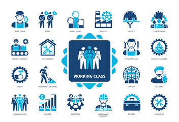 Working Class icon set. Proletariat, Wage Labor, Artisan, Industry, Outworkers, Employees, Strike, Classes. Duotone color solid icons