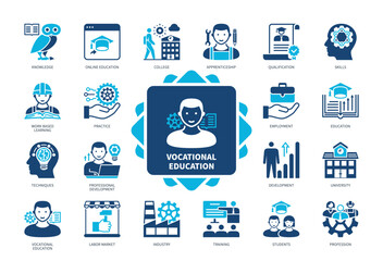 Vocational Education icon set. Apprenticeship, Skills, Training, College, University, Techniques, Qualification, Practice. Duotone color solid icons