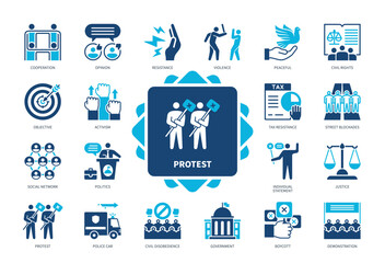 Protest icon set. Demonstration, Civil Disobedience, Violence, Civil Rights, Resistance, Activism, Peaceful, Justice. Duotone color solid icons