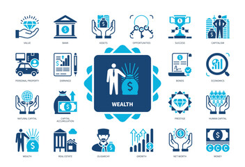 Wealth icon set. Assets, Money, Capitalism, Value, Personal Property, Real Estate, Net Worth, Success. Duotone color solid icons