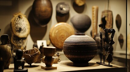 A poignant depiction of cultural appreciation with a series of traditional artifacts from around the world arranged in a gallery setting, representing respect and learning, minimalist composition