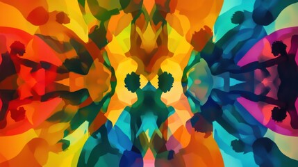 A multi-colored kaleidoscope with abstract human figures reflected within, Representing the ever-changing nature of diversity and inclusion, minimalist style