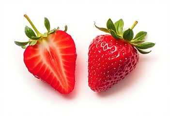 Two ripe red strawberries with green leaves, one whole and one cut in half, on a white background