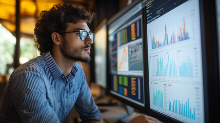 Project manager analyzing and monitoring corporate  company budget data on multiple screen with charts infographic  and financial statistics records