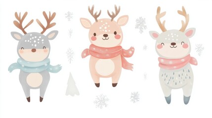 Fototapeta premium Cute Christmas Deer Character with Scarf on White Background