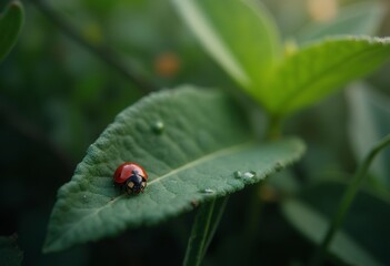 Fototapeta premium A red ladybug crawling on a green leaf with a blurred background