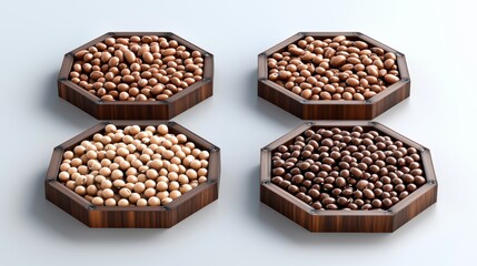 Fototapeta premium Assorted nuts in wooden trays: peanuts, hazelnuts, almonds, and more in geometric arrangement