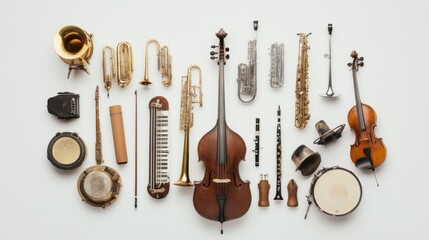 Naklejka premium A powerful depiction of diverse musical instruments arranged in a harmonious ensemble against a clean, white backdrop, Representing the collective beauty and impact of different voices coming together