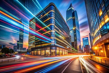 Fototapeta premium Abstract Long Exposure Urban Background for Graphic Design, Capturing the Essence of Modern Architecture with Light Trails and Dynamic City Elements