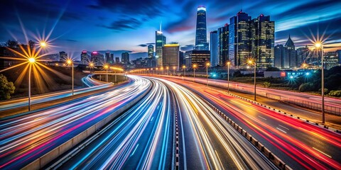Fototapeta premium Abstract Long Exposure of Car Light Trails on Highway at Night with Cityscape Background, Showcasing Motion Blur Effects from Vehicles in a Vibrant Urban Setting
