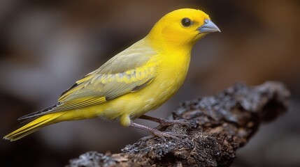 Vibrant yellow bird perched on rustic branch in natural setting