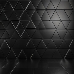 Obraz premium The image shows a dark, minimalist interior space with a geometric pattern of black triangles on the wall and floor. The triangles create a repetitive and modern look, adding depth and interest to. Mi