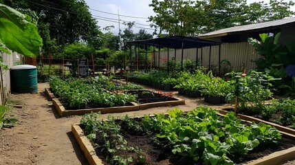 Community garden thriving with greenery in a sunny location during the day