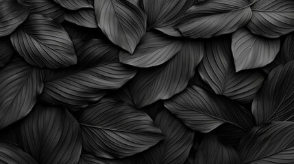 Monochrome close-up of dark, textured leaves creating a seamless pattern.