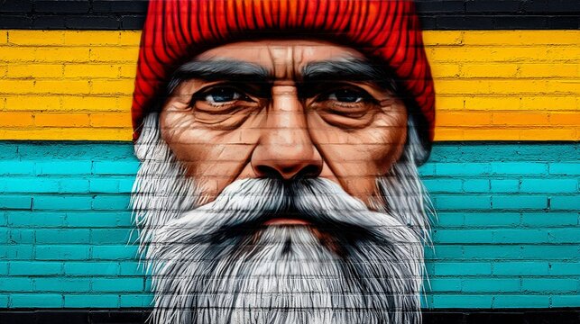 Mural of elderly man with long white beard and red beanie on colorful brick wall. - Powered by Adobe